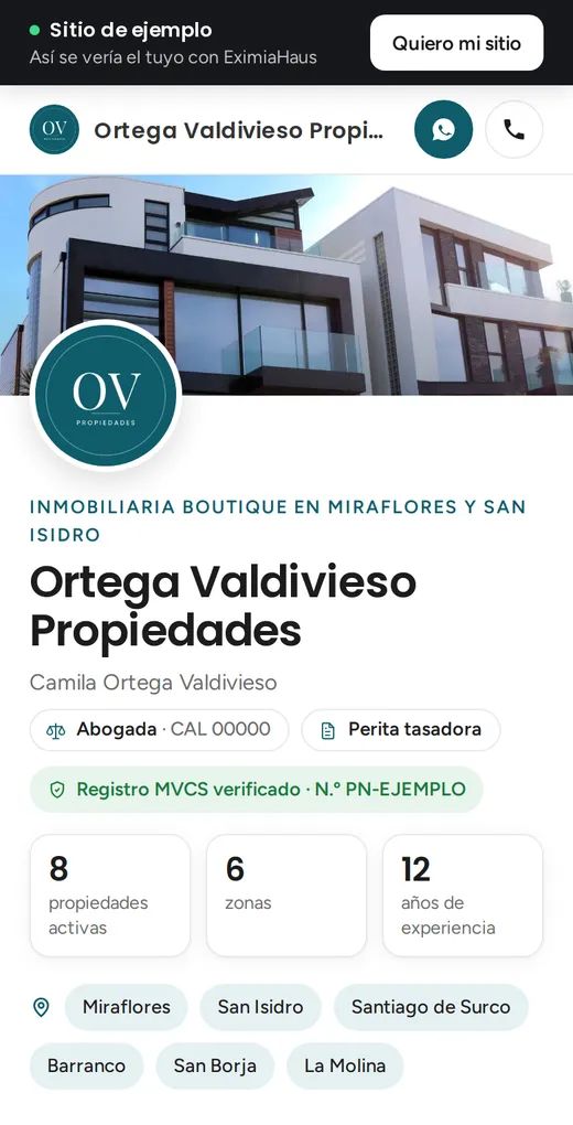 La misma página web de ejemplo vista en celular, con los botones de WhatsApp y Llamar
