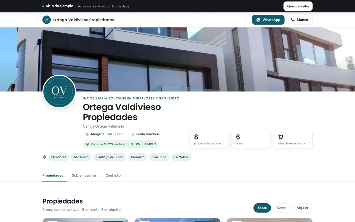 Página web de ejemplo de una inmobiliaria en EximiaHaus vista en computadora: portada, logo, sello MVCS, profesiones, cifras y zonas