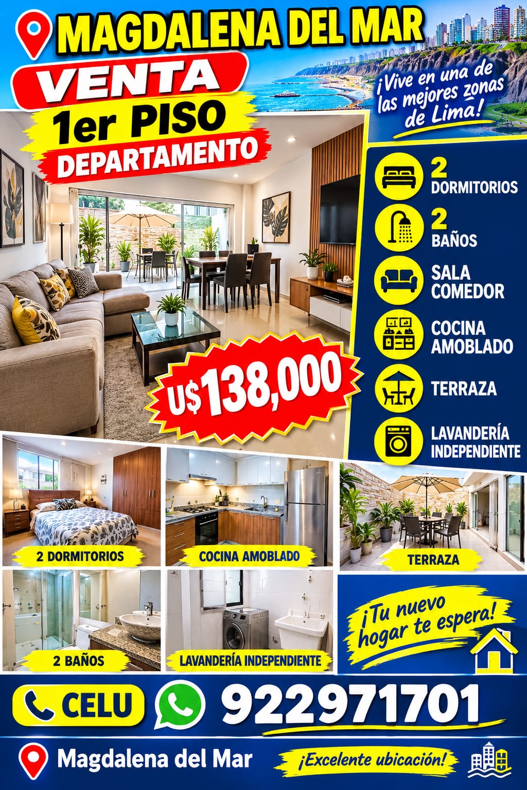 VENDO HERMOSO DEPARTAMENTO  EN 1ER PISO EN MAGDALENA 93 M2 $138,000